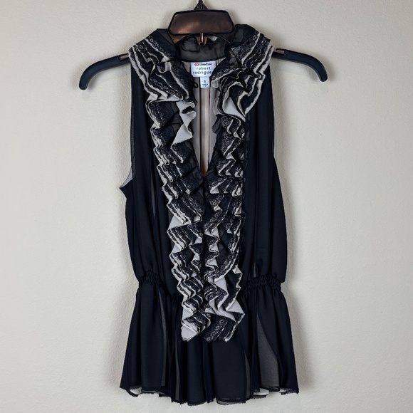 Robert Rodriguez Neiman Marcus Black Sheer Elastic Drop Waist Sleeveless Blouse - Picture 1 of 9